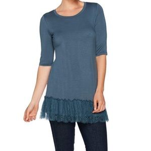 LOGO by Lori Goldstein knit top gathered lace hem